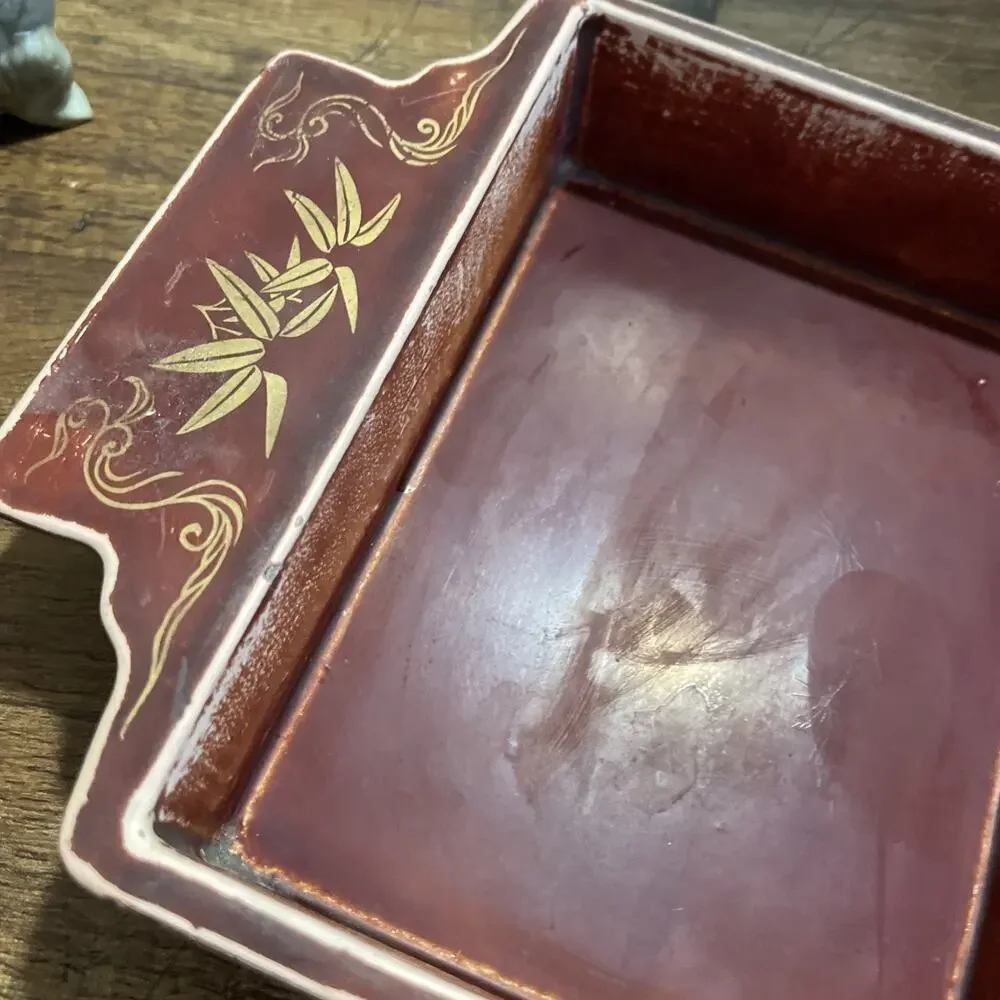 Vtg Baruni Japanese Lacquerware 3 Section Tray Painted Metal Burgundy Gold